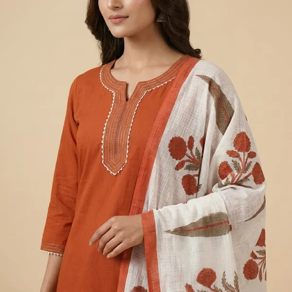 Rust_Cotton_Premium_Kurta_Set_For_Women