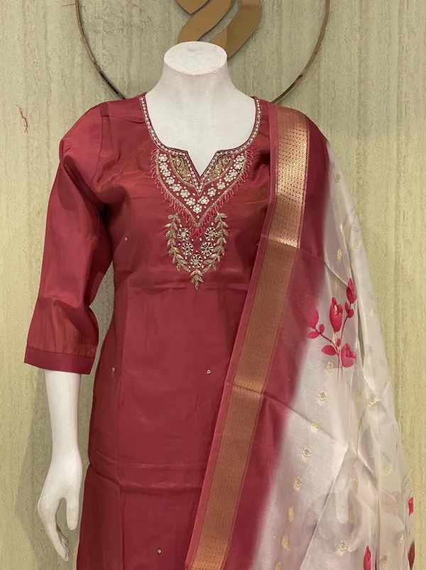 Red_Chanderi_Silk_Suit_Set_with_Embroidered_Neck_and_Floral_Dupatta