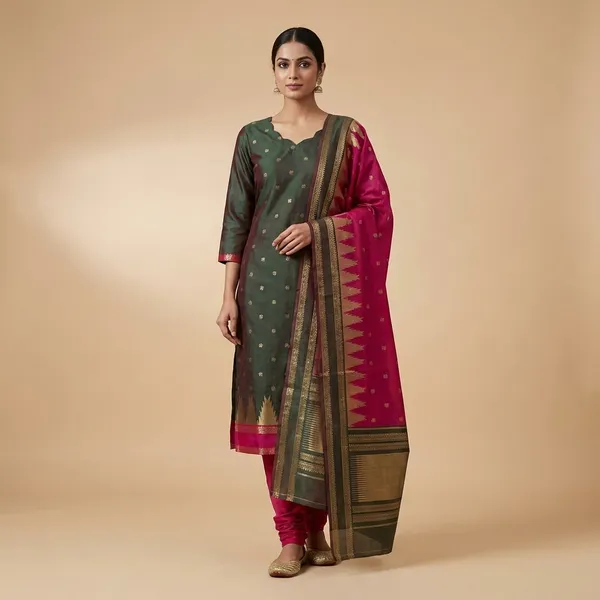 Olive_Green_Banarasi_Silk_Salwar_Suit_with_Pink_Dupatta