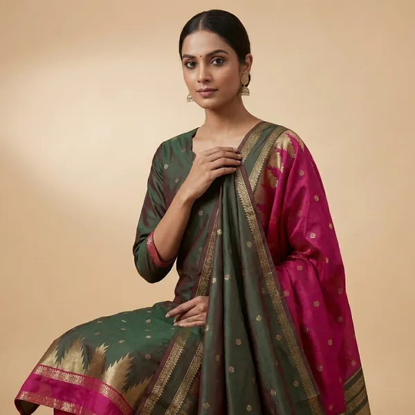 Olive_Green_Banarasi_Silk_Salwar_Suit_with_Pink_Dupatta