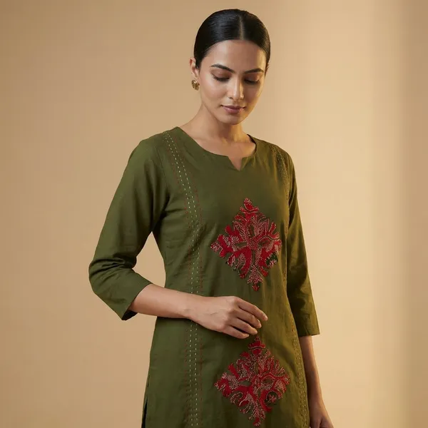 Olive_Green_Cotton_Kurti_with_Embroidered_Diamond_Motifs