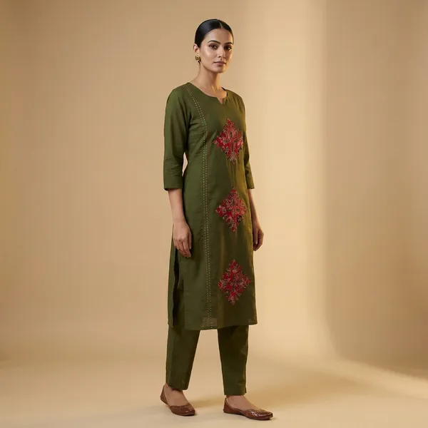 Olive_Green_Cotton_Kurti_with_Embroidered_Diamond_Motifs