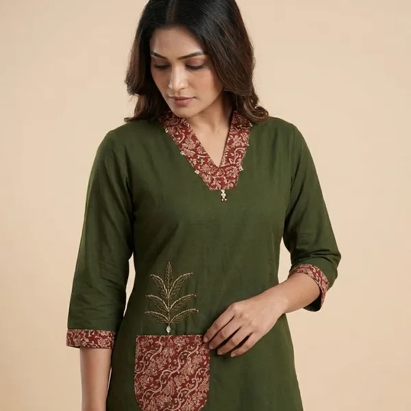 Olive_Green_Ethnic_Kurti_with_Embroidered_Pocket_and_Floral_Trim