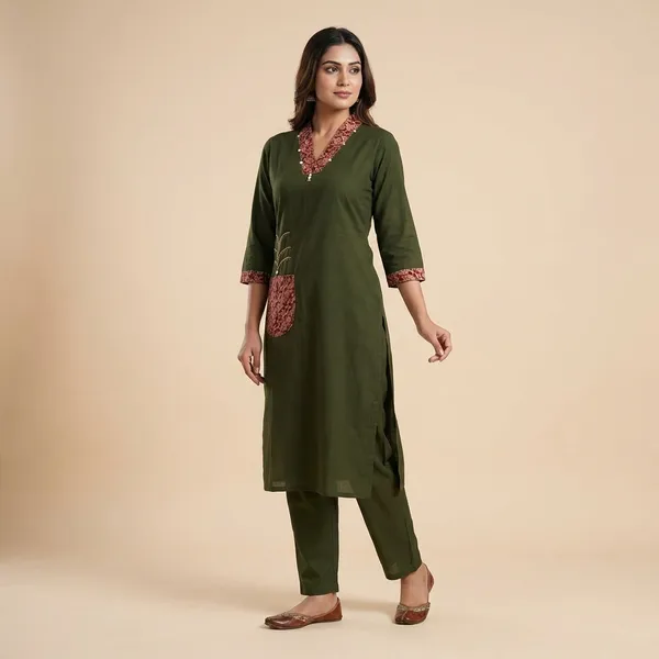 Olive_Green_Ethnic_Kurti_with_Embroidered_Pocket_and_Floral_Trim