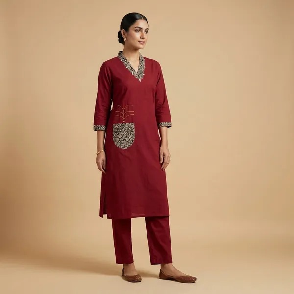 Maroon_Cotton_Kurti_with_Printed_Collar_and_Pocket_Detail