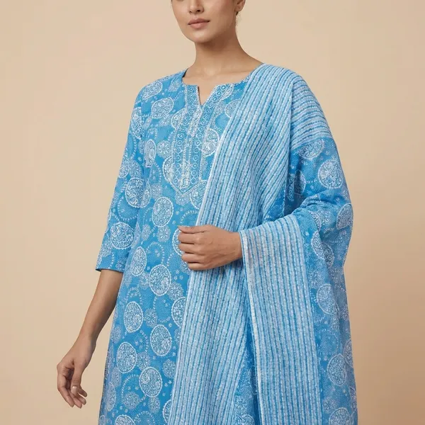 Blue_Block_Printed_Cotton_Kurti_with_Dupatta_Set