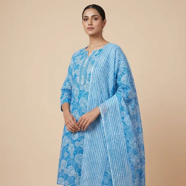 Blue_Block_Printed_Cotton_Kurti_with_Dupatta_Set