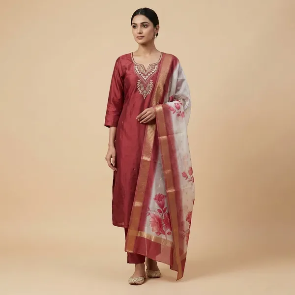 Red_Chanderi_Silk_Suit_Set_with_Embroidered_Neck_and_Floral_Dupatta