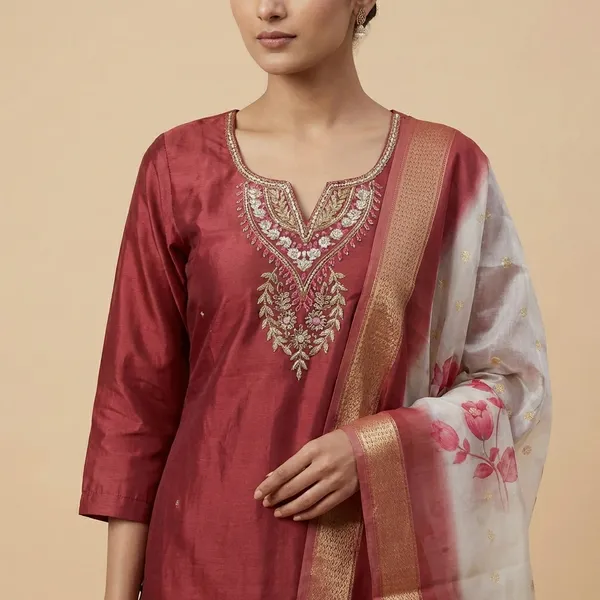Red_Chanderi_Silk_Suit_Set_with_Embroidered_Neck_and_Floral_Dupatta