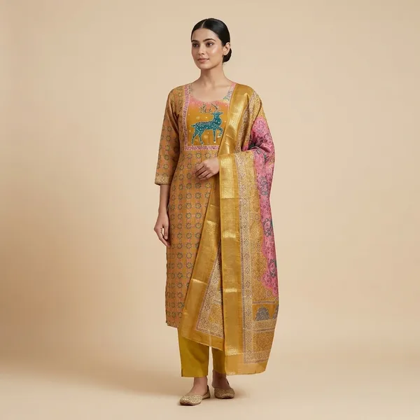 Traditional_Mustard_Yellow_Printed_Salwar_Suit_with_Deer_Motif_and_Multicolor_Dupatta