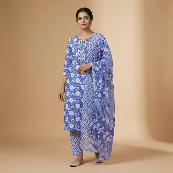 Blue_and_White_Floral_Printed_Cotton_Kurti_with_Zigzag_Pattern