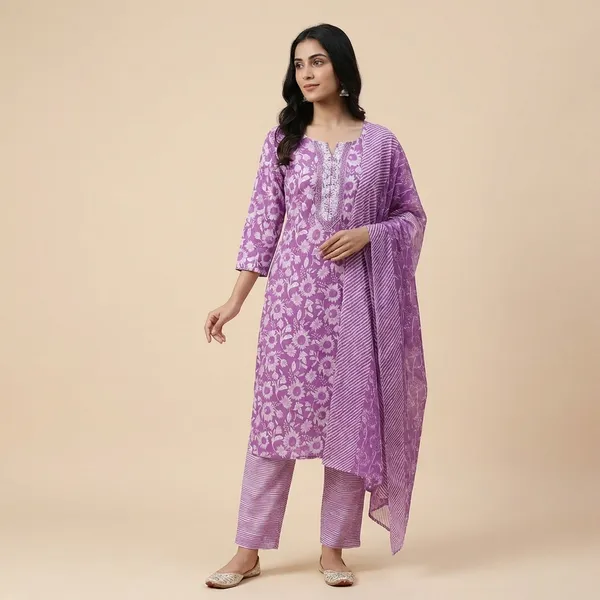 Purple_Floral_Print_Cotton_Kurta_Set_with_Dupatta_-_Three_Piece_Ethnic_Suit