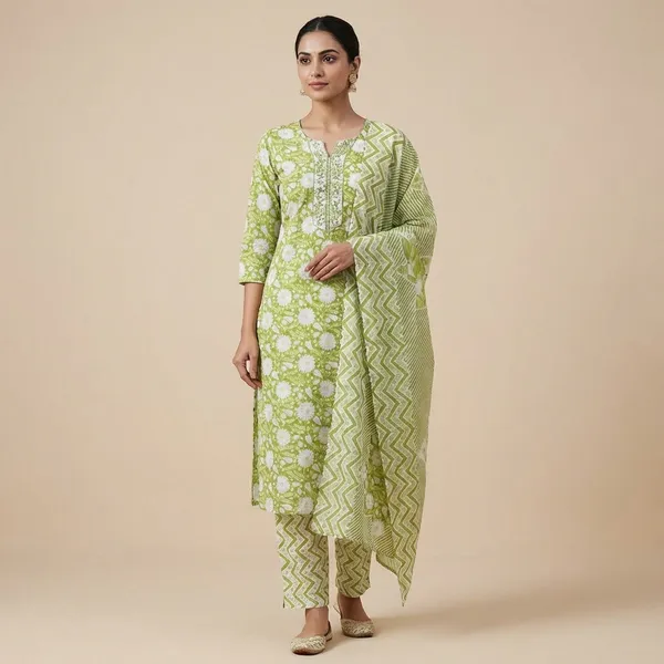 Green_Floral_Print_Cotton_Unstitched_Suit_Set_with_Chevron_Dupatta