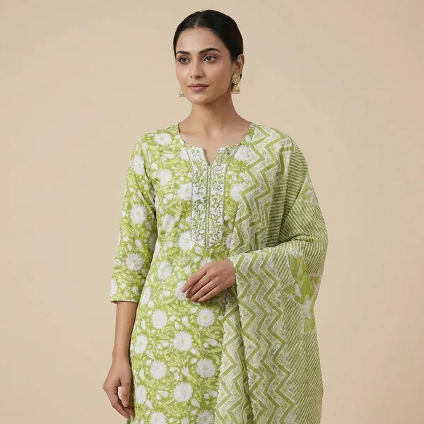 Green_Floral_Print_Cotton_Unstitched_Suit_Set_with_Chevron_Dupatta