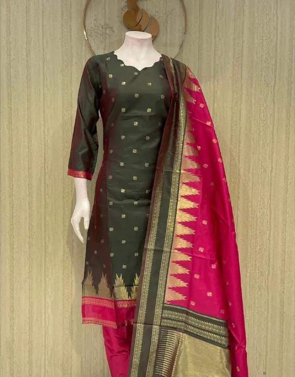Olive_Green_Banarasi_Silk_Salwar_Suit_with_Pink_Dupatta