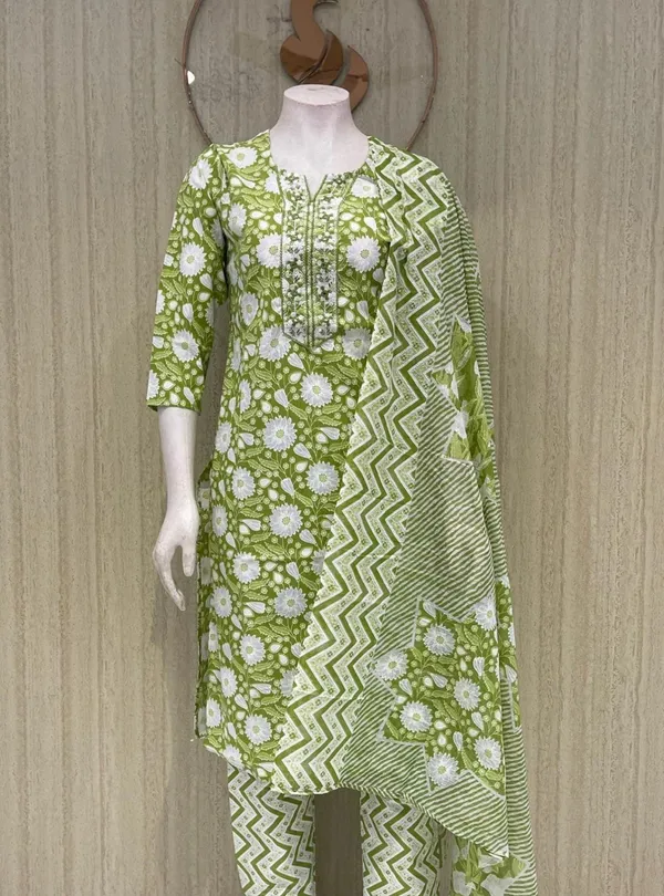Green_Floral_Print_Cotton_Unstitched_Suit_Set_with_Chevron_Dupatta