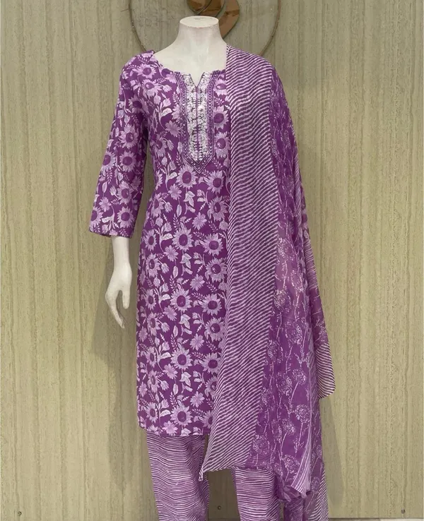 Purple_Floral_Print_Cotton_Kurta_Set_with_Dupatta_-_Three_Piece_Ethnic_Suit