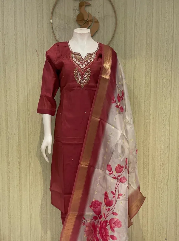 Red_Chanderi_Silk_Suit_Set_with_Embroidered_Neck_and_Floral_Dupatta