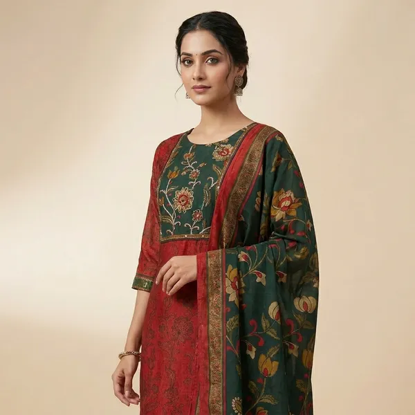 Floral_Red_Cotton_Premium_Kurta_Set_For_Women