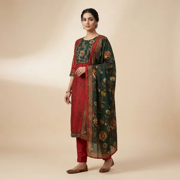 Floral_Red_Cotton_Premium_Kurta_Set_For_Women
