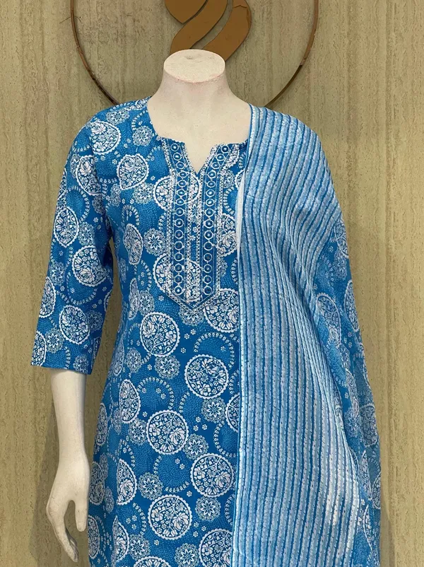 Blue_Block_Printed_Cotton_Kurti_with_Dupatta_Set