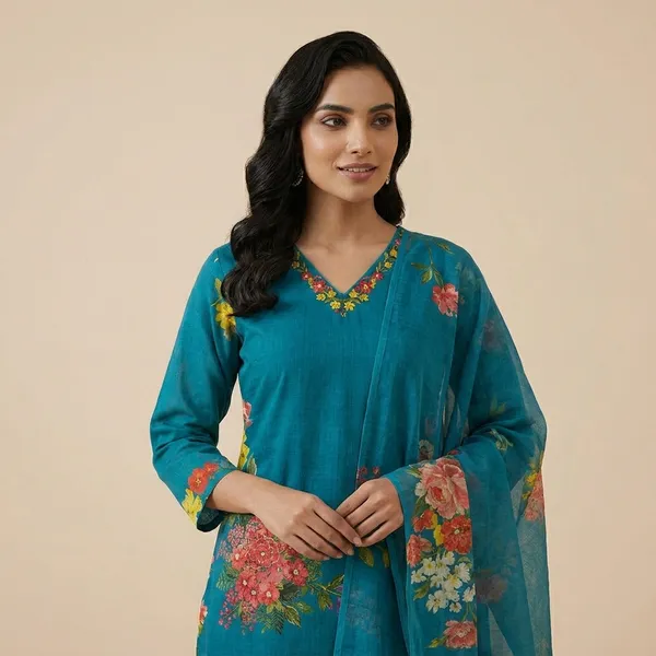 Teal_Cotton_Premium_Kurta_Set_For_Women