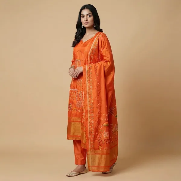 Orange_Cotton_Premium_Kurta_Set_For_Women