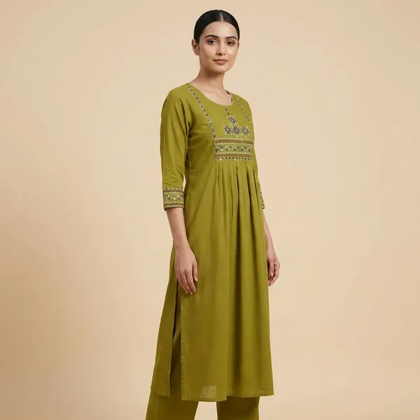 Olive_Cotton_Premium_Kurta_Set_For_Women