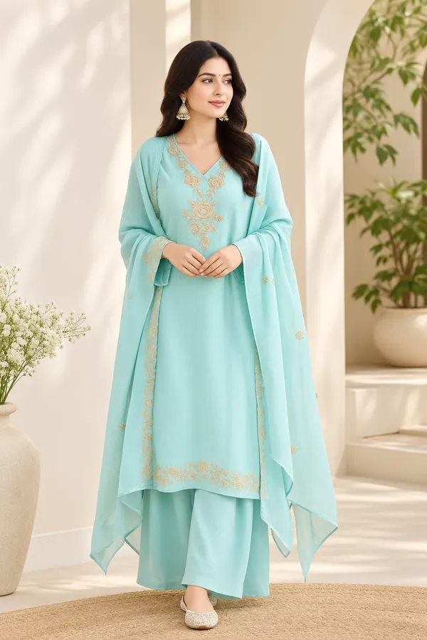 Blue_Pure_Cotton_Embroidered_Kurti,_Pant_&_Dupatta_Set