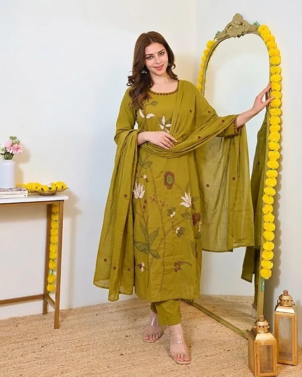Premium_Olive_Green_Cotton_Threadwork_Suit_Set