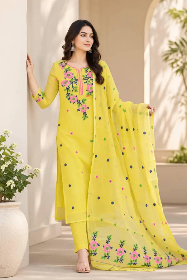 Yellow_Cotton_Silk_Handwoven_Jamdani_Kurti_Set_with_Dupatta_&_Cotton_Pants