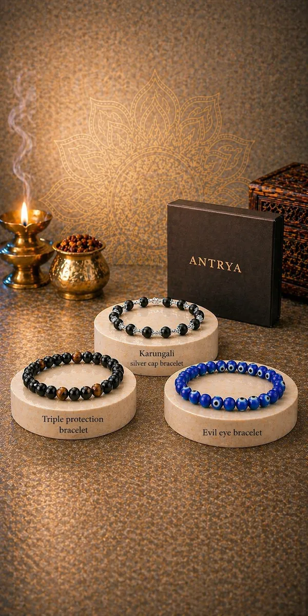 Antrya_Protection_Shield_Set:Karungali_Silver_Cap_BraceletEvil_eye_Bracelet+Triple_Protection_Bracelet