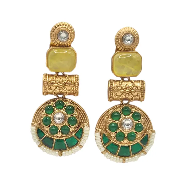 Yellow_And_Green_Kundan_&_Brass_Earrings_For_Women
