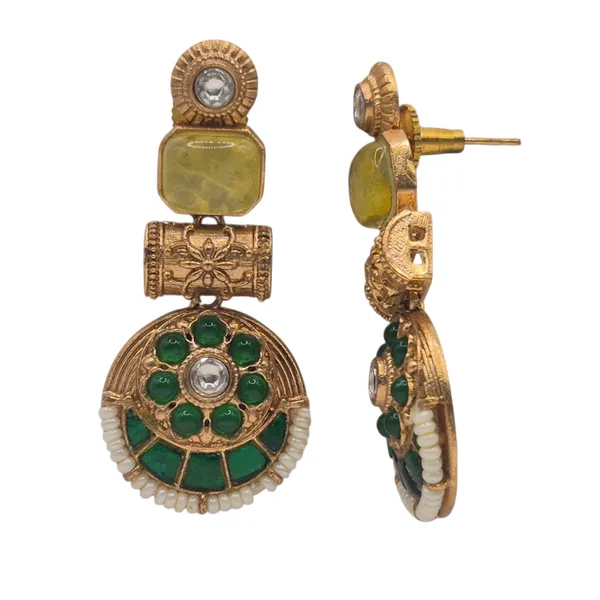 Yellow_And_Green_Kundan_&_Brass_Earrings_For_Women