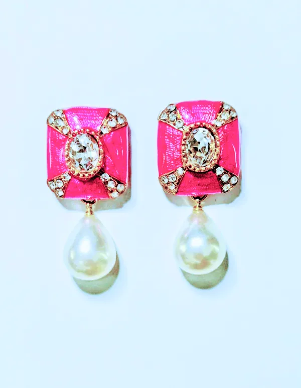 Enameled_Rectangle_Art_Deco_Earrings_With_Pearl_Drop_(3_Pink_/_3_Blue_/_3_Green_/_3_Yellow)