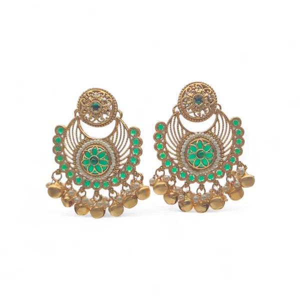 Gold_Chandbali_With_Green_And_White_Beads_And_Jhumkas