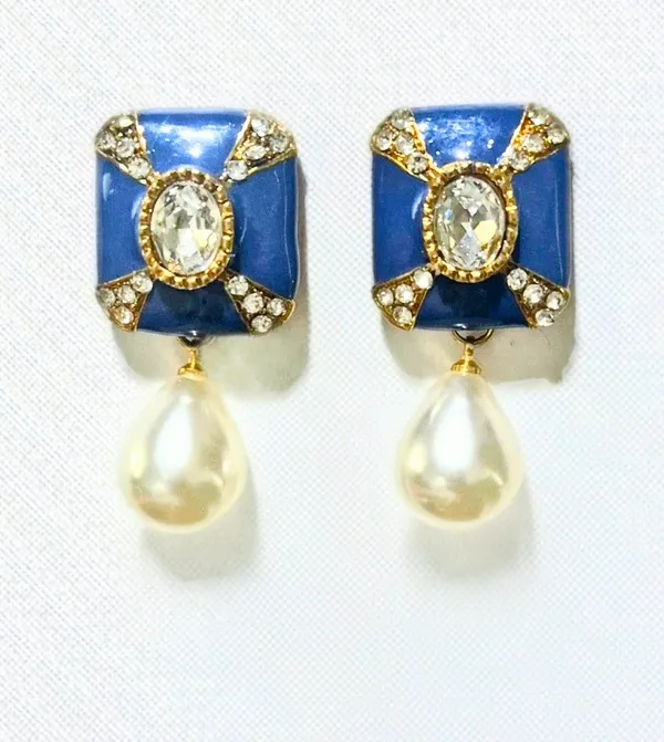 Enameled_Rectangle_Art_Deco_Earrings_With_Pearl_Drop_(3_Pink_/_3_Blue_/_3_Green_/_3_Yellow)