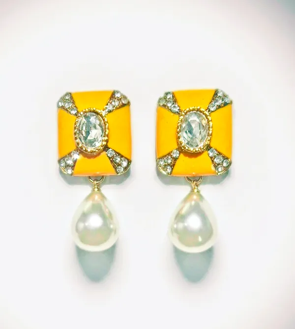 Enameled_Rectangle_Art_Deco_Earrings_With_Pearl_Drop_(3_Pink_/_3_Blue_/_3_Green_/_3_Yellow)