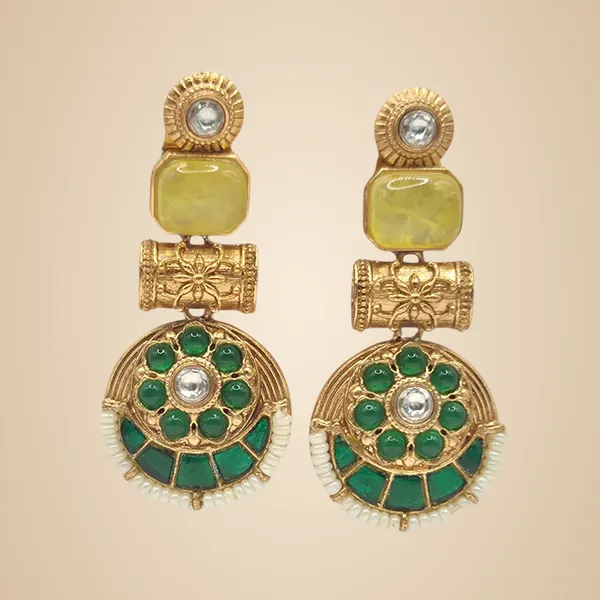 Yellow_And_Green_Kundan_&_Brass_Earrings_For_Women