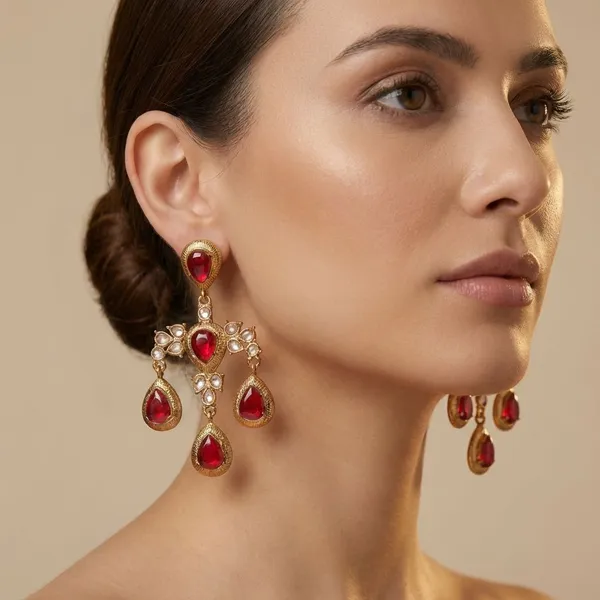 Red_And_Grey_Quartz_&_Brass_Earrings_For_Women