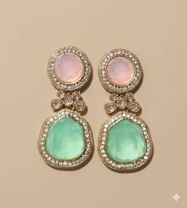 Circle_And_Rhombus_Quartz_With_Cz_In_Antique_Plating_(3_Dark_Green_/_3_Red_/_3_Wine_/_3_White_/_3_Blue_/_3_Orange_/_3_Pastel_Pink)