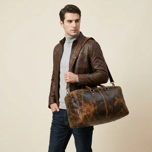 Brown_Genuine_Buffalo_Leather_Premium__Duffle_Bag_with_Shoe_Pocket_For_Men