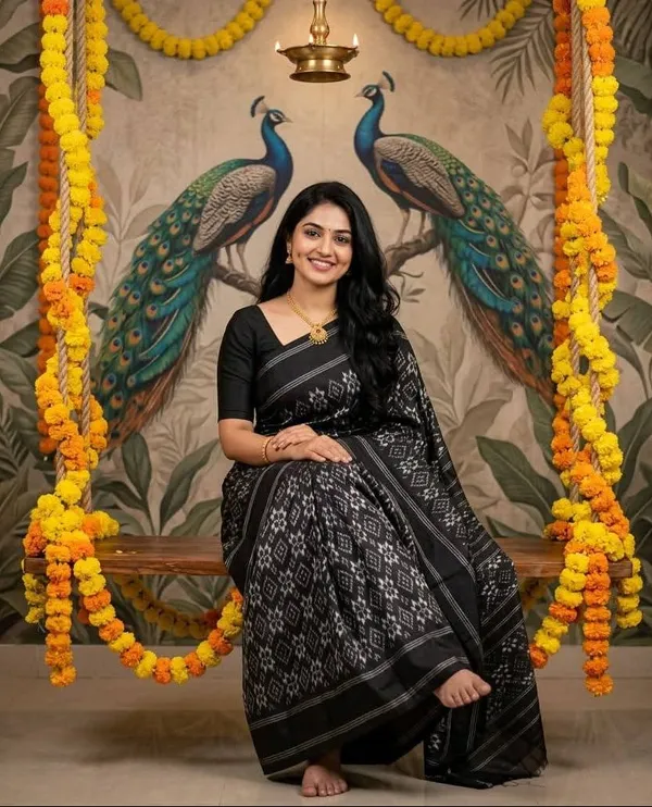 Black_and_White_Pochampally_Ikkat_Silk_Saree_Silver_Zari_|_With_Blouse_Piece
