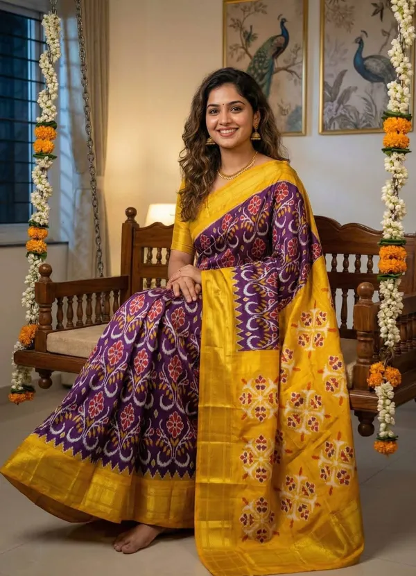 Purple_and_Yellow_Pochampally_Ikkat_Silk_Saree_Gold_Zari_|_With_Blouse_Piece