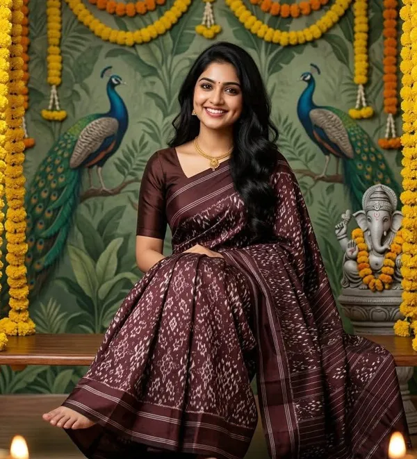 Deep_Chocolate_Brown_Pochampally_Ikkat_Silk_Saree_Silver_Zari_|_With_Blouse_Piece