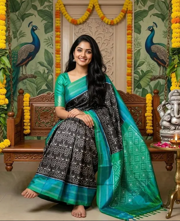Black_and_Sea_Green_Pochampally_Ikkat_Pure_Silk_Saree_|_With_Blouse_Piece