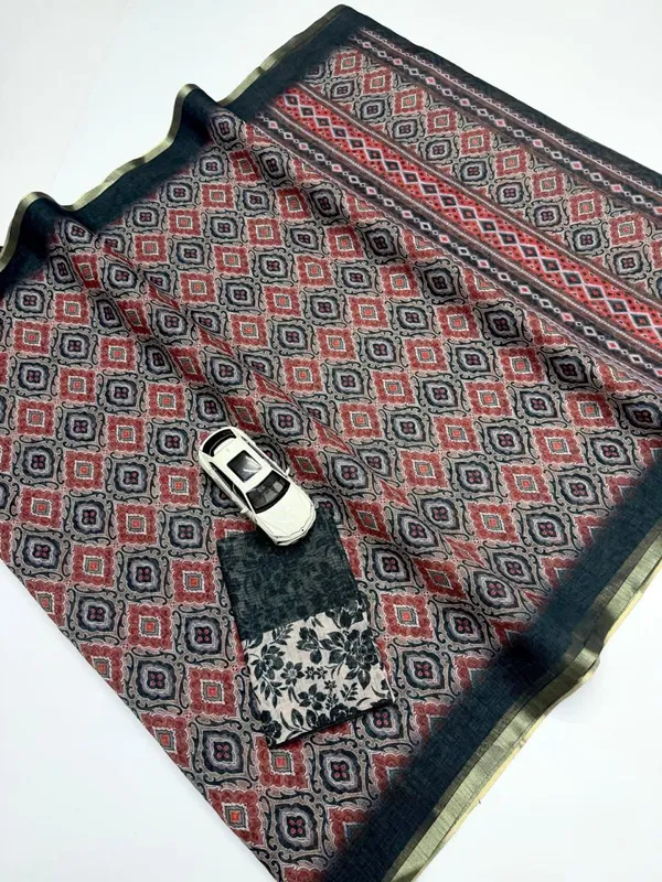 Charcoal_Black_Ajrakh_Print_Chanderi_Cotton_Saree_|_With_Blouse_Piece