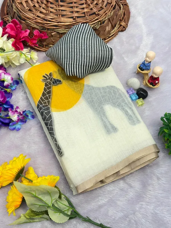 Off_White_Giraffe_Motif_Chanderi_Cotton_Saree_|_With_Blouse_Piece