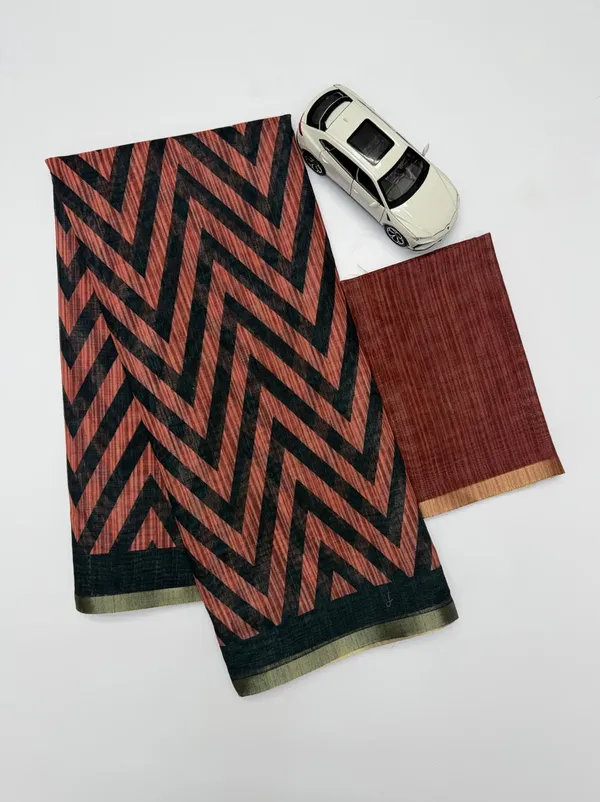 Terracotta_And_Black_Zigzag_Print_Chanderi_Cotton_Saree_|_With_Blouse_Piece