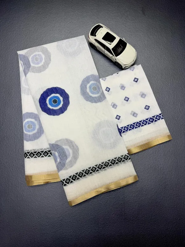 White_And_Blue_Evil_Eye_Print_Chanderi_Cotton_Saree_|_With_Blouse_Piece